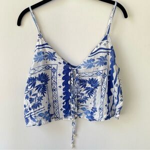 Joie Blue and White Tie Front Crop Camisole